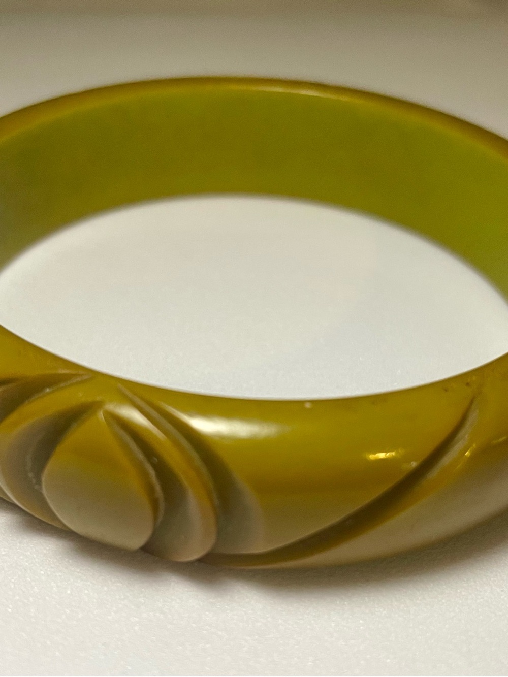 Carved Olive Green Bakelite Bangle Bracelet